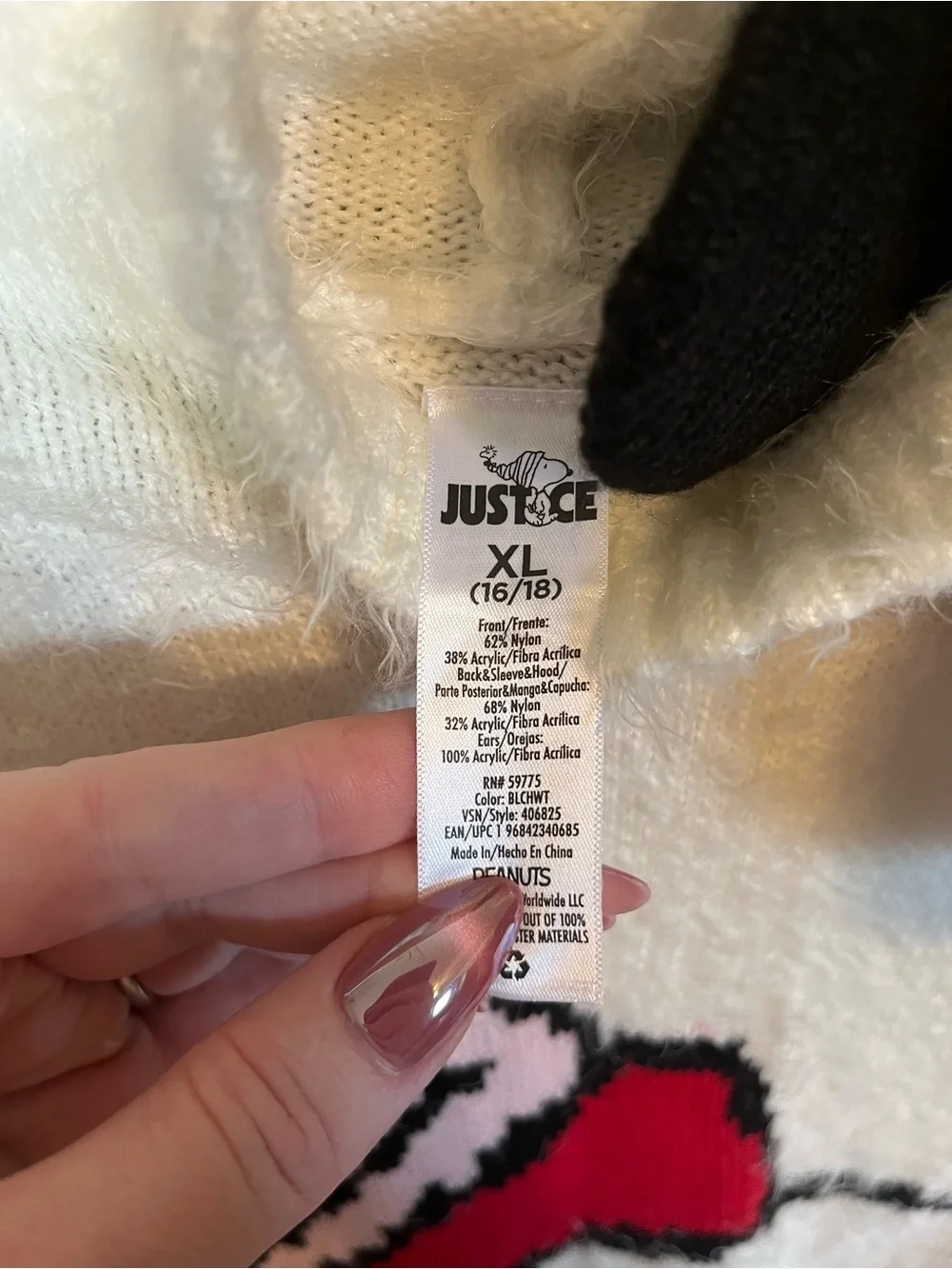 Justice Cream Fuzzy Snoopy Turtleneck Sweater with Red & Pink Hat